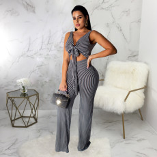 SC Stripes Tie Up V Neck Sleeveless Straight Jumpsuits SMR-9239