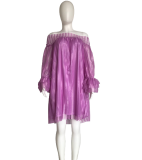 SC LS-0204 Sexy Slash Neck Off Shoulder Plus Size Pink Lace Dress
