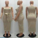 SC Casual Striped Sleeveless Sashes Slim Long Dress MAE-206