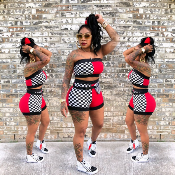 SC YN-982 Plaid Printed Splicing Two Piece Sets Sexy Tube Top + Shorts 2018 New