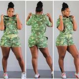SC Camouflage Print Hooded Short Sleeve 2 Piece Set QY-5113