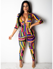 SC Colorful Striped Zip Long Sleeve Jumpsuits QZX-6003