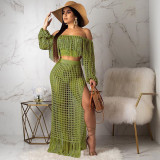 SC Grid Tassel Off Shoulder Split Long Skirt Sets TR-938