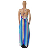 Colored Striped Chiffon V Neck Backless Maxi Dress NK-8360