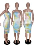 SC Tie Dye Print Strapless Wrap Midi Dresses WSM-5069