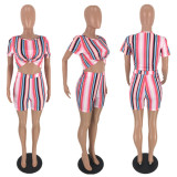 SC Colorful Striped Short Sleeve Two Piece Short Set AWN-5027