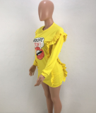 SC Offset Printing Long Sleeve Ruffles Leisure Yellow Mini Dress OY-5213