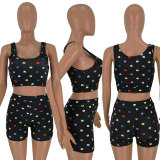 SC Heart Print Tank Tops And Shorts Two Piece Sets HM-6140