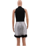 SC Feather Sequins Mesh Patchwork Mini Club Dress CYA-8059