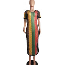 SC Colorful Stripe Mesh Short Sleeve Midi Club Dress BS-1024