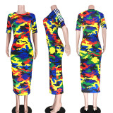 SC Camouflage Print Half Sleeve O Neck Slim Long Dress ASL-6168
