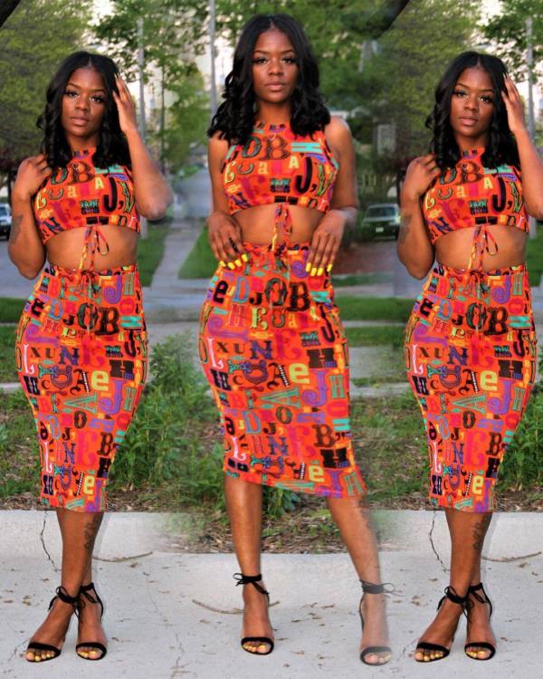 Letter Print Sleeveless Crop Top Midi Skirt 2 Piece Sets YLY-2303