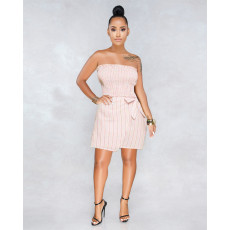 SC Pink Striped Strapless Crop Top Bow Tie Mini Skirt Set ASL-6155