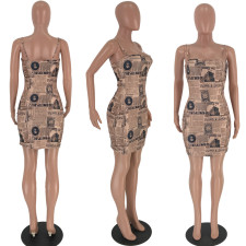 SC Newspaper Print Spaghetti Strap Mini Dresses CQ-5255