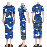 SC Camouflage Print Half Sleeve O Neck Slim Long Dress ASL-6168