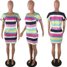 SC Colored Striped Short Sleeve Casual Mini T Shirt Dress LP-6170