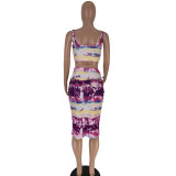 SC Tie Dye Print Sling Crop Tops Midi Skirt 2 Piece Set FNN-8241