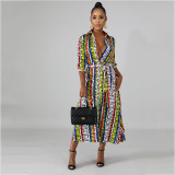 SC Geometric Print Turndown Collar Button Up Maxi Dress AWN-5036