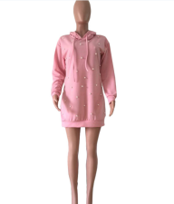 SC Pearl Beading Pink Hooded Mini Dress CQ-5110