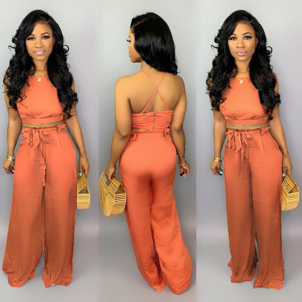 SC Sexy Crop Tops And Wide Leg Pants Two Piece Set BS-1079