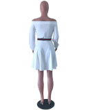 SC White Slash Neck Long Sleeve Belt Mini Dress CQ-5115