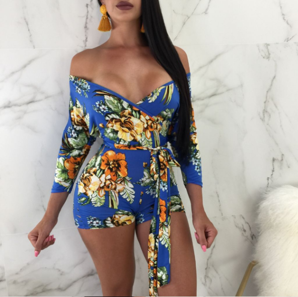 SC Stylish Print Open Shoulder Low Cut Club Rompers  Big Size SMR-8952