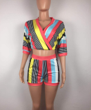 SC Colorful Stripes Deep V Shorts Suits Summer OY-5225 Blue Large Size