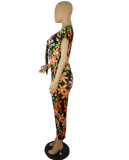 Floral Print Deep V Neck Bow Tie Front Jumpsuits PIN-704
