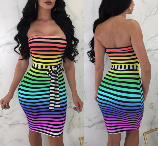 Rainbow Stripes Sexy Strapless Bodycon Tube Dresses YLY-2314