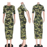 SC Camouflage Print Half Sleeve O Neck Slim Long Dress ASL-6168