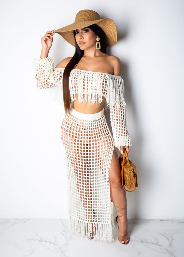 SC Grid Tassel Off Shoulder Split Long Skirt Sets TR-938