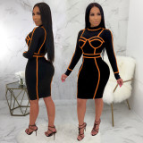 SC Stripes Splice Long Sleeve Bodycon Midi Dress SMR-9174