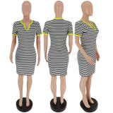 Classic Stripes Print V Neck Short Sleeve Dresses FST-7040