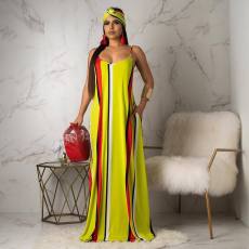 SC Striped Spaghetti Strap Loose Maxi Dress With Headscarf ARM-8087