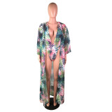 SC Sexy Print 2pcs Swimsuit Long Cloak Bodysuit YM-9101