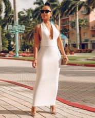 SC Deep V Neck Halter White Slim Long Dresses BS-1031