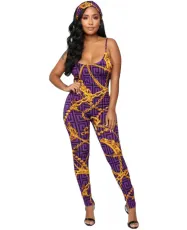 SC Chain Print Spaghetti Strap Jumpsuits With Headcarf QZX-6041
