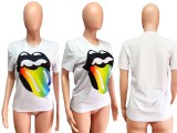 SC White Lip Print Round Neck Short Sleeve T Shirt QZX-6074