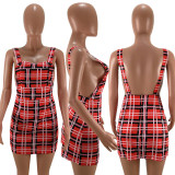SC Plaid Print Backless Straps Mini Dresses HM-6105