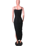 SC Black Spaghetti Strap Split Ruched Maxi Dress LS-0222