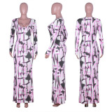 SC Sexy Printed Low Cut Long Sleeve Maxi Dresses NIK-024