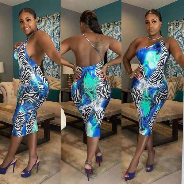 SC Sexy Printed Off Shoulder Backless Bodycon Midi Dresses HM-6147