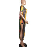SC Colorful Stripe Mesh Short Sleeve Midi Club Dress BS-1024