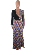 SC LP-664 Colorful Stripe Patchwork V Neck Splits Maxi Dress