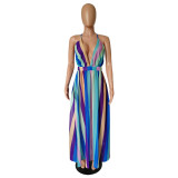 Colored Striped Chiffon V Neck Backless Maxi Dress NK-8360