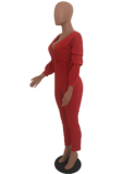 SC Red Deep V Neck Puff sleeve Jumpsuit MYP-8826