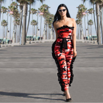 SC Red Camouflage Ruffles Off Shoulder Jumpsuits HM-6011