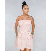 SC Pink Striped Strapless Crop Top Bow Tie Mini Skirt Set ASL-6155