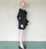 SC Black Off Shoulder Double Breasted Belt Bandage Mini Dress BN-9136