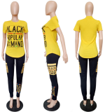 SC Letter Print Yellow T Shirts Slim Pant Sets LSL-6168